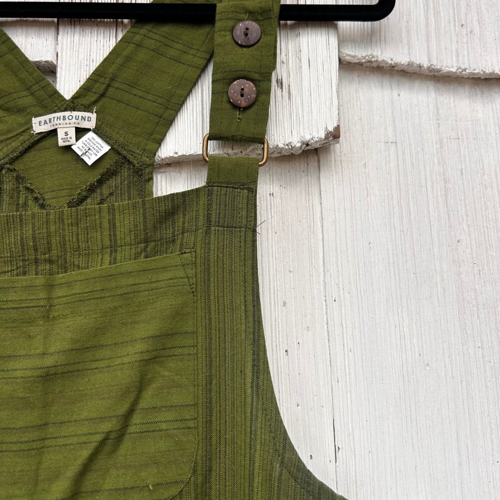 Earthbound Trading Co Olive Green Striped Patchwork Cotton Overalls‎ Small Boho - Picture 5 of 9